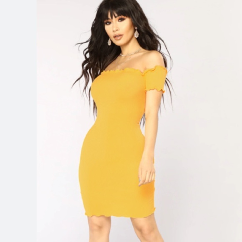 ❤️3X20 SHEIN Mustard Ribbed V-Wire Off-The-Shoulder Mini Dress | L